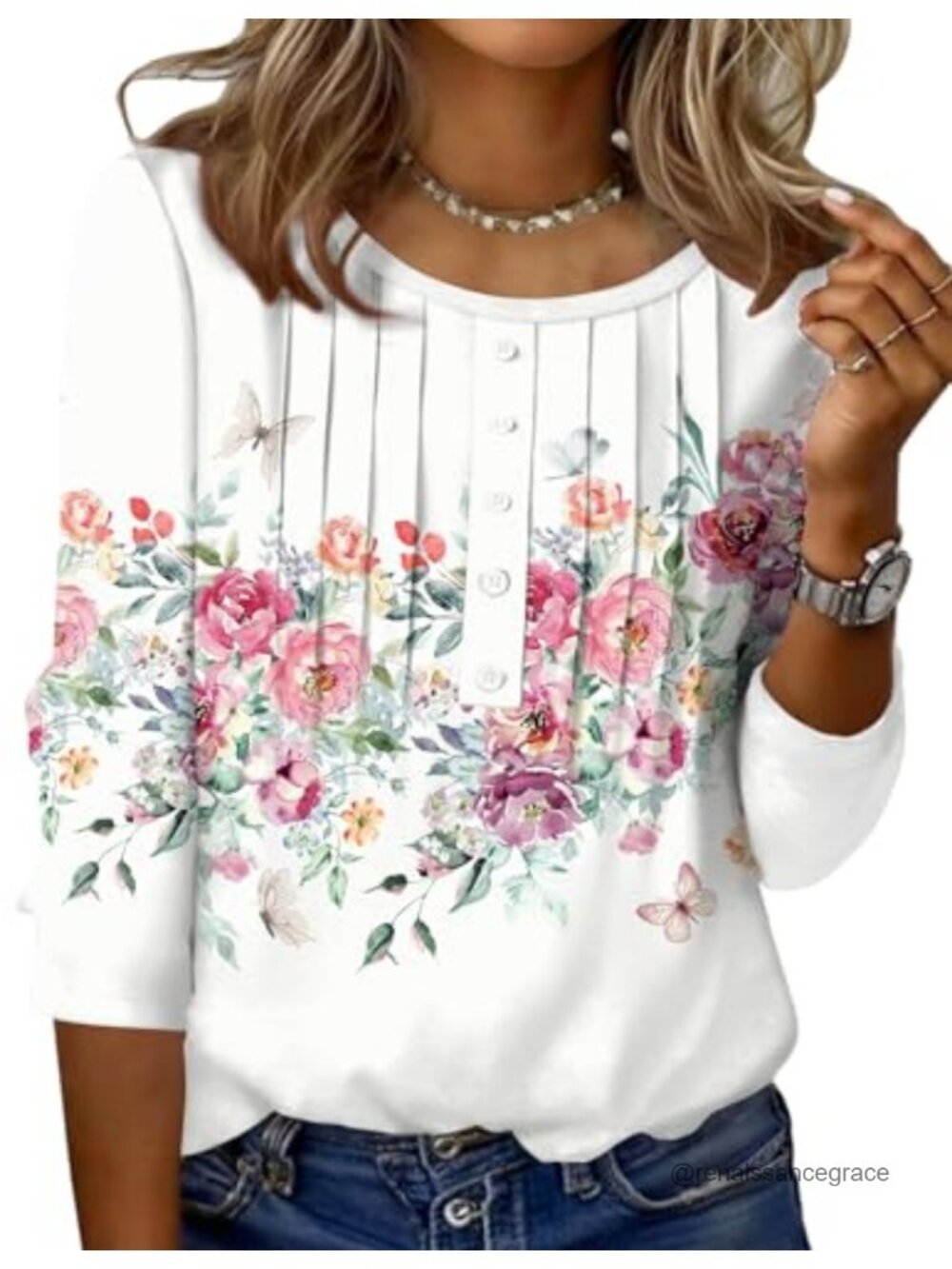 Women's 3/4 Sleeve Pleated Tunic Top Crew Neck Loose Fit Casual T-Shirt